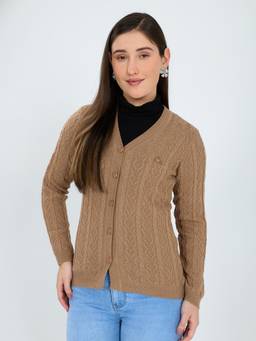 Monte Carlo - Women Brown Self Design Wool Cardigan