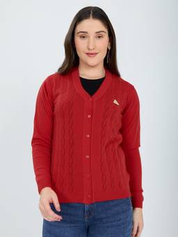Monte Carlo - Women Red Self Design Wool Blend Cardigan