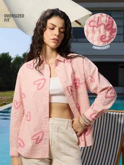 The Souled Store - Women Pink Embroidered Pure Cotton Shirt