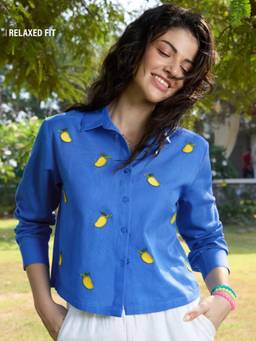 The Souled Store - Women Blue Embroidered Cotton Linen Blend Shirt