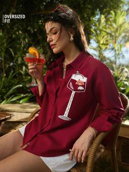 The Souled Store - Women Maroon Embroidered Pure Cotton Shirt
