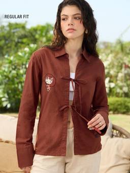 The Souled Store - Women Rust Embroidered Cotton Linen Blend Shirt