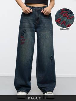 The Souled Store - Women Blue Typography Pure Cotton Jeans