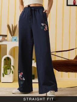 The Souled Store - Women Navy Blue Embroidered Pure Cotton Pant