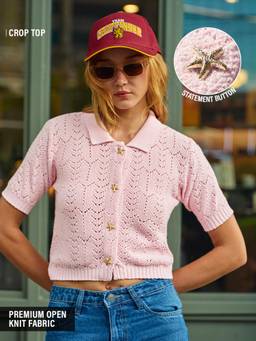 The Souled Store - Women Pink Textured Pure Cotton Cardigan