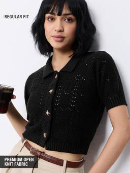 The Souled Store - Women Black Textured Pure Cotton Cardigan