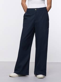 The Souled Store - Women Navy Blue Solid/Plain Cotton Linen Trouser