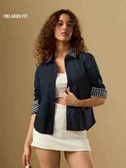 The Souled Store - Women Navy Blue Solid/Plain Pure Cotton Shirt