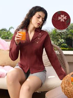 The Souled Store - Women Wine Embroidered Cotton/Elastane Shirt