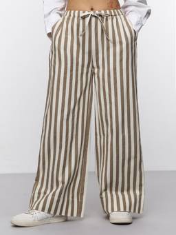 The Souled Store - Women Olive Stripes Cotton Linen Trouser