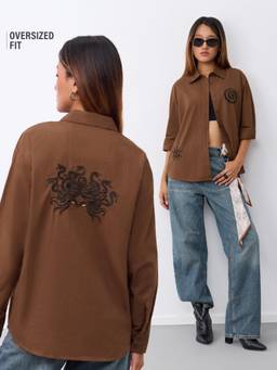 The Souled Store - Women Brown Embroidered Pure Cotton Shirt