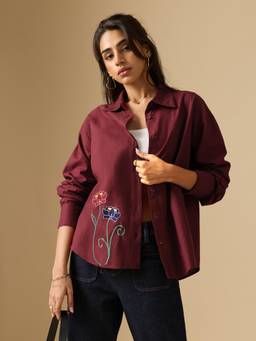 The Souled Store - Women Maroon Embroidered Cotton Linen Blend Shirt