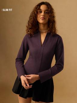 The Souled Store - Women Purple Solid/Plain Cotton Lycra Shirt