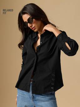 The Souled Store - Women Black Solid/Plain Pure Cotton Shirt