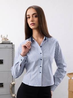 The Souled Store - Women Blue Stripes Pure Cotton Shirt