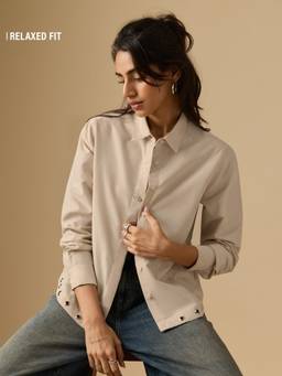 The Souled Store - Women Cream Solid/Plain Cotton Blend Shirt