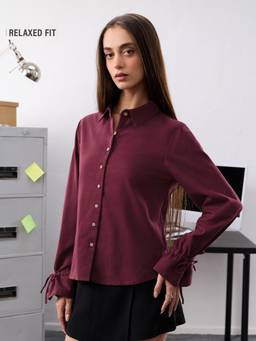 The Souled Store - Women Wine Solid/Plain Pure Cotton Shirt