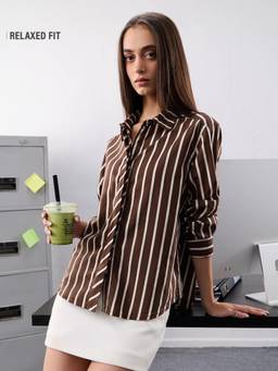 The Souled Store - Women Brown Stripes Pure Cotton Shirt