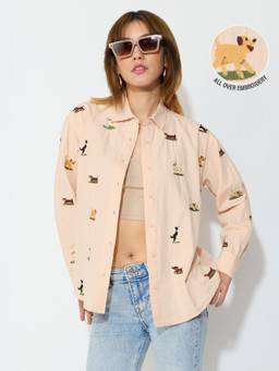 The Souled Store - Women Peach Embroidered Pure Cotton Shirt