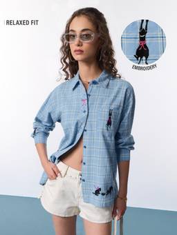 The Souled Store - Women Blue Embroidered Pure Cotton Shirt