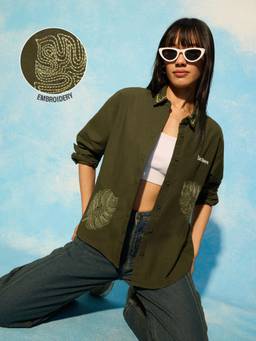 The Souled Store - Women Olive Embroidered Cotton Linen Blend Shirt