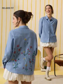 The Souled Store - Women Blue Embroidered Pure Cotton Shirt