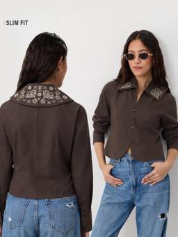 The Souled Store - Women Brown Embroidered Pure Cotton Shirt