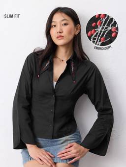 The Souled Store - Women Black Embroidered Cotton/Elastane Shirt