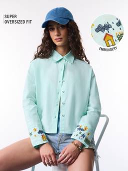 The Souled Store - Women Green Embroidered Pure Cotton Shirt