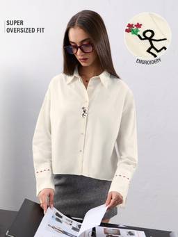 The Souled Store - Women Off White Embroidered Pure Cotton Shirt