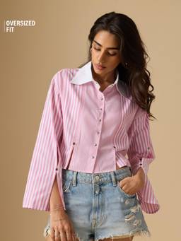 The Souled Store - Women Pink Stripes Pure Cotton Shirt
