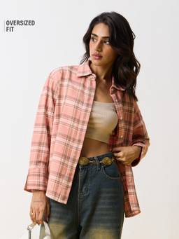 The Souled Store - Women Peach Checks Pure Cotton Shirt