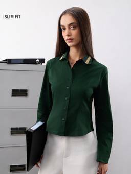 The Souled Store - Women Green Solid/Plain Cotton Lycra Shirt