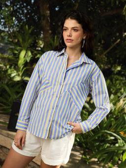 The Souled Store - Women Blue Stripes Polyester Blend Shirt