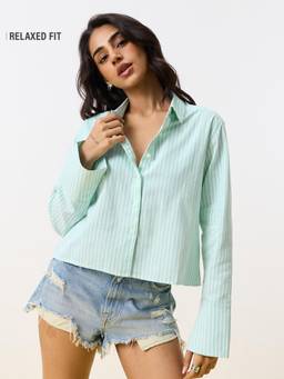 The Souled Store - Women Green Stripes Pure Cotton Shirt