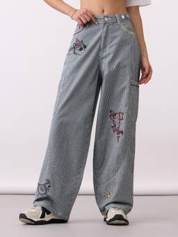 The Souled Store - Women Blue Embroidered Pure Cotton Trouser