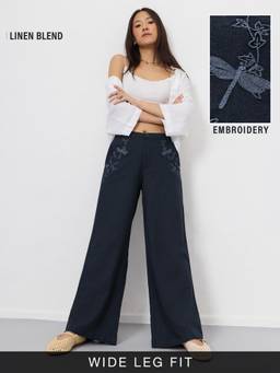 The Souled Store - Women Black Embroidered Cotton Linen Trouser