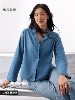 The Souled Store - Women Blue Solid/Plain Cotton Linen Shirt