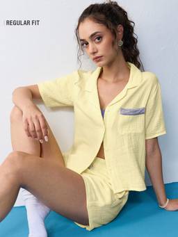 The Souled Store - Women Yellow Textured Pure Cotton Shirt