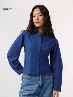 The Souled Store - Women Blue Solid/Plain Cotton/Elastane Shirt