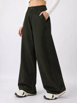 The Souled Store - Women Olive Solid/Plain Cotton/Elastane Trouser
