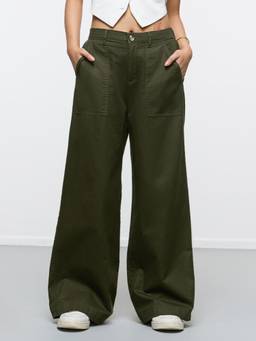 The Souled Store - Women Olive Solid/Plain Pure Cotton Trouser