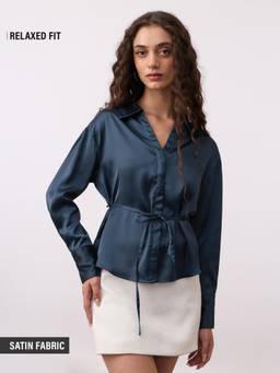 The Souled Store - Women Navy Blue Solid/Plain Polyester Shirt
