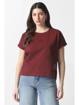 Van Heusen - Women Maroon Solid/Plain Cotton T-Shirt