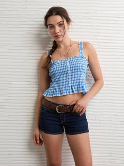 American Eagle - Women Blue Checks Cotton Crop Top