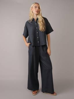 American Eagle - Women Navy Blue Solid/Plain Linen Blend Pant