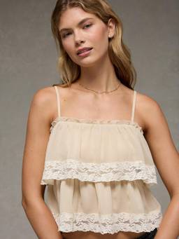 American Eagle - Women Khaki Solid/Plain Polyester Tank Top