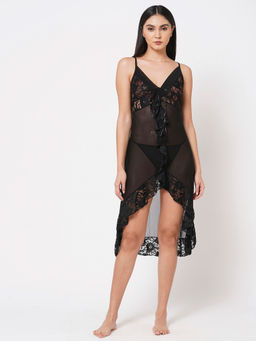 Sweet Dreams - Black Solid Semi-Sheer Net Baby Doll with Thong (Pack of 2)