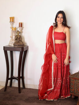 Spring Soul - Red Embroidered Lehenga with Blouse and Dupatta