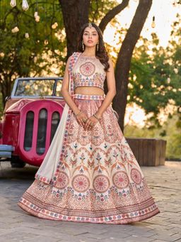 BC Balaji Creation - Womens Cream Floral Lehenga with Banglori Silk Crop Top & Dupatta
